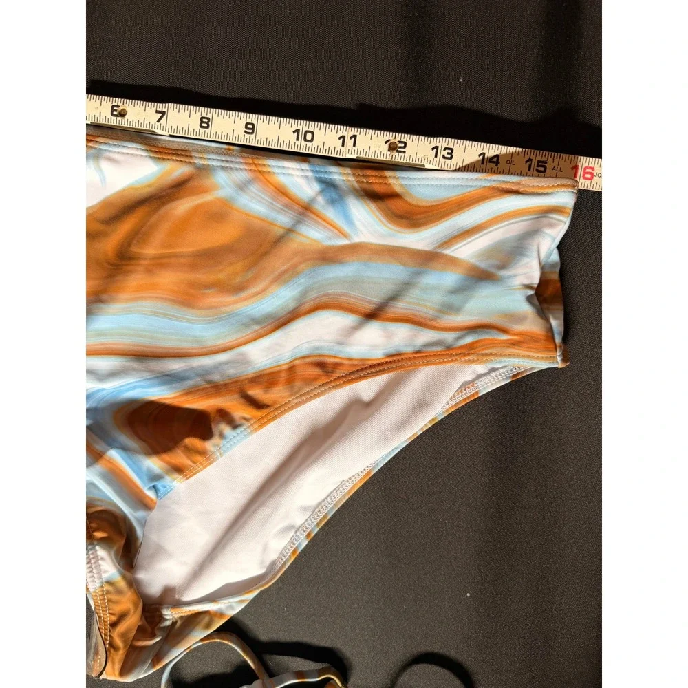 Marble Swirl 3 Piece Bikini Set Mesh Skirt Cover Up Blue Orange 2XL Coastal Y2K